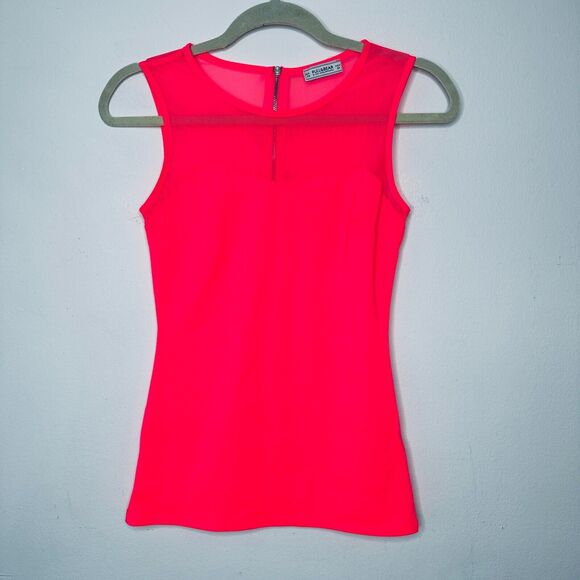 Pull & Bear Florescent Pink Sleeveless Cotton and Sheer Mesh Top Back Zip XS - Picture 10 of 10